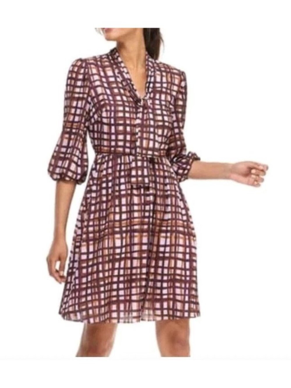 Gal Meets Glam Lindsey Windowpane Tie Neck Dress Purple Tan size 2
